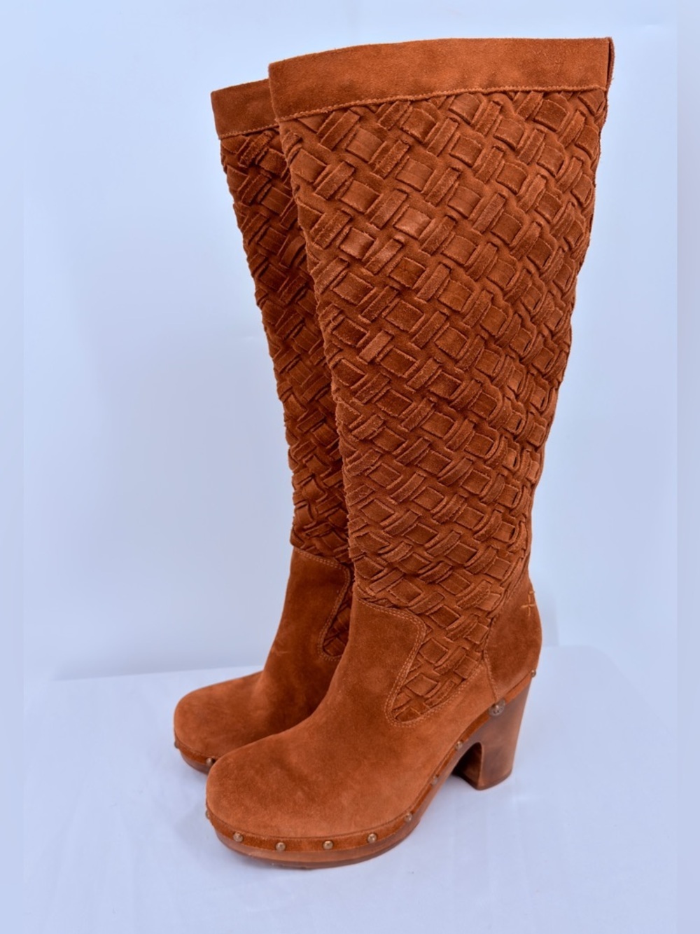 UGG Tall Woven Suede Boots Platform Heel Brown Knee High Boots Size 9